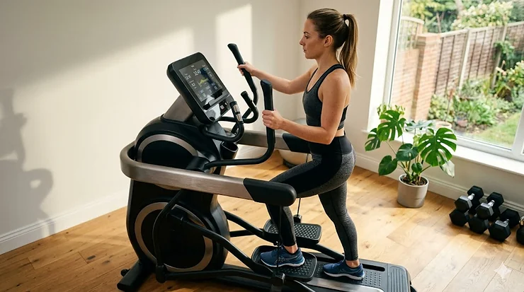Side view of an advanced motion cross trainer in a modern home gym setup. advanced motion cross trainer