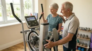 An elderly British couple interacting in a home gym while setting up a cross trainer with an adjustable backrest for a gentle, supportive cardio routine.