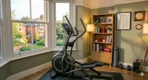 Fully assembled adaptive stride trainer viewed from the side in a gym environment.