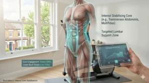 An anatomical graphic showing the activation of the transversus abdominis and core stabilising muscles during a workout, displayed alongside a hand holding a tablet.