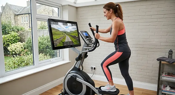 Alt text for image 1: A person using a modern home cross trainer while following a virtual running route through the Swiss Alps on an integrated 10-inch touchscreen console. cross trainer with virtual routes