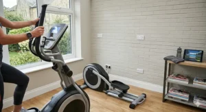 Alt text for image 3: A compact, foldable cross trainer with virtual route capabilities tucked neatly into the corner of a typical British spare room or home office.