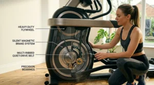 A cutaway view of the internal components and silent magnetic brake system of an advanced motion cross trainer.