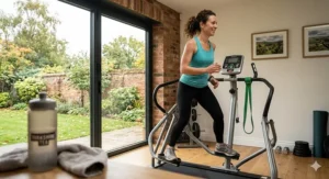 A photorealistic visualisation of fitness equipment detailing an advanced joint rehabilitation simulation alongside a load-bearing analysis of the foot and ankle structure.