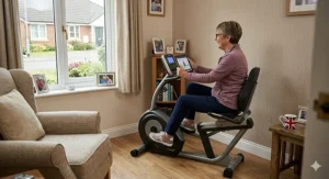 A modern recumbent elliptical positioned in a typical British living room, demonstrating its space-saving design for UK homes.