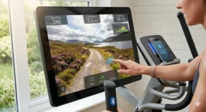 Alt text for image 2: Close-up of a tablet mounted on a cross trainer bracket displaying the Kinomap app with a scenic virtual route through the Scottish Highlands.