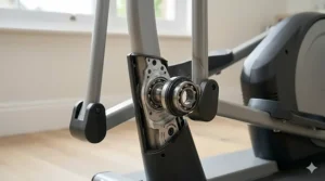 A close-up photograph showing the heavy-duty metal bearings and smooth mechanical joints of a high-quality cross trainer.