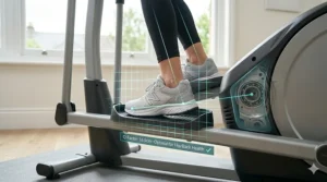 A close-up of a user's trainers on a cross trainer pedal, with a digital overlay showing an optimal Q-factor of sixteen point five centimetres for hip and back health.