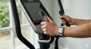 Detailed macro photograph of a user's hands gripping the integrated pulse sensor pads on the handlebars of a Kettler cross trainer.