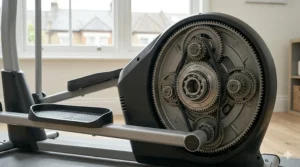 A detailed close-up showing the internal flywheel, belt drive, and gears that provide smooth resistance on a cross trainer.