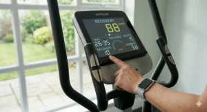 A user's hand pressing the recovery button on a Kettler cross trainer console to check their heart rate deceleration after exercise.