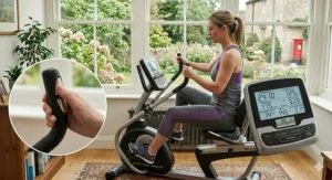 User adjusting resistance levels on a recumbent cross trainer to customise workout intensity.