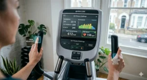 Close-up of the digital console on an adaptive motion trainer displaying real-time heart rate and calorie-burn statistics.