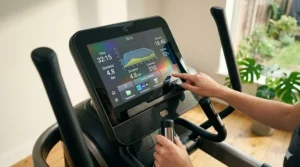 Close-up of the digital console on an advanced motion cross trainer showing workout stats.
