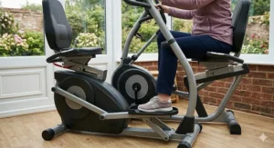 Close-up of a recumbent elliptical's low step-through frame, designed for easy access for seniors with limited mobility.