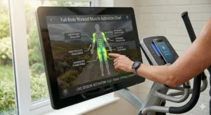 Alt text for image 6: An illustration highlighting the muscle groups used during a cross trainer session, including glutes, hamstrings, and arms, while following a virtual training programme.