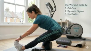 A woman performing a dynamic hamstring stretch on a fitness mat next to a foam roller, with a digital overlay highlighting pelvic alignment.