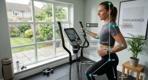 A photorealistic diagram overlay showing the correct ergonomic posture and alignment for a user on a cross trainer with heart rate sensors.