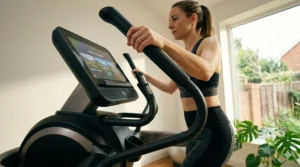 Detail shot of a user interacting with the ergonomic, sweat-resistant handlebars on an advanced motion cross trainer.