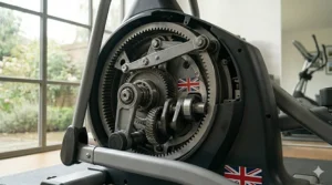 Internal mechanical cutaway of the cross trainer drive housing, prominently displaying a Union Jack sticker alongside the gear mesh system.