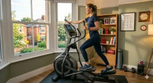User demonstrating full-body movement on an adaptive stride trainer with handle grips.