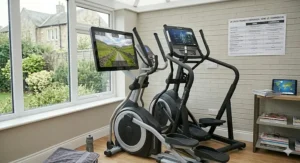 Alt text for image 9: A side-by-side comparison illustration of a mains-powered commercial cross trainer and a self-powered home model, both featuring virtual route integration.