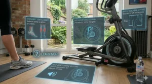 An infographic chart comparing the cardiovascular health and calorie-burning efficiency of a horizontal cross trainer, featuring technical blueprint diagrams of the magnetic brake system and precision sealed bearings.