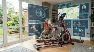 Close-up illustration of a horizontal cross trainer console displaying customisable workout programmes, distance in kilometres, and a virtual user map interface called "The Cotswold Challenge".