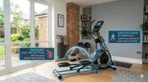 A sleek black and silver horizontal cross trainer positioned in a modern British home gym with natural light, featuring a woman training beside large patio doors.