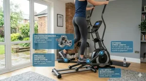 Illustration of a horizontal cross trainer in its delivery packaging with clear dimensions for UK home doorway and narrow hallway clearance.