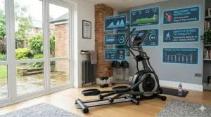 An anatomical illustration demonstrating correct body alignment and low-impact joint protection while using a horizontal cross trainer, featuring holographic HUD overlays explaining Adaptive Stride Technology.