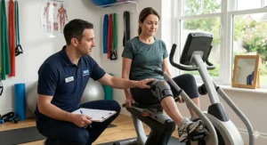 Patient using a recumbent cross trainer for knee rehabilitation and low-impact physiotherapy.