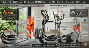 Alt text for image 4: A side-by-side comparison chart illustrating a lateral cross trainer achieving 750 kcal per hour with high glute engagement versus a standard elliptical trainer at 550 kcal per hour.