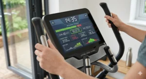 Alt text for image 5: A close-up shot of a modern lateral cross trainer digital console displaying a 30-minute HIIT challenge with metrics for time, heart rate, calories burned, resistance, and speed in kilometres per hour.