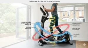 Alt text for image 2: A biomechanical diagram overlaying a lateral cross trainer, using blue and red circular arrows to demonstrate multi-plane motion and lateral amplitude alongside a traditional elliptical glide.