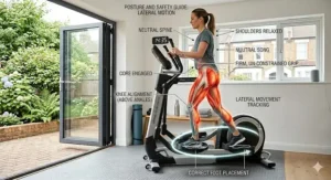 Alt text for image 6: A ergonomic safety diagram detailing correct posture on a lateral cross trainer, with pointers for a neutral spine, relaxed shoulders, engaged core, and correct foot placement.