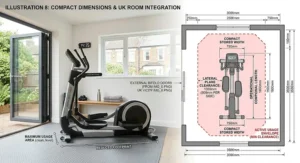 Alt text for image 9: A detailed space-saving blueprint diagram illustrating the precise width and length requirements for a lateral cross trainer, showcasing its compatibility with a typical UK residential floor plan.