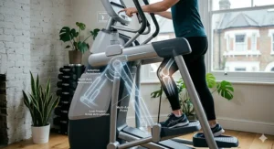 Athlete using an adaptive motion trainer to demonstrate low-impact movement beneficial for joint health.