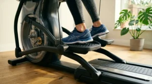 Close-up of feet on the pedals of an advanced motion cross trainer during a low-impact session.