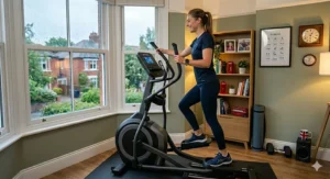 User performing low-impact cardiovascular exercise on an adaptive stride trainer.