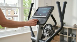 A user adjusting the control dial on a modern cross trainer console displaying a low-impact interval training programme.