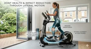 Alt text for image 8: A joint health illustration highlighting a smooth, cushioned pedal motion and a fluid lateral pathway that ensures optimal alignment of joint planes and reduced shear forces on the knee and hip.