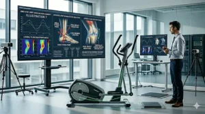 A high-detailed biomechanical laboratory setting displaying data on controlled curved motion paths and knee joint displacement to demonstrate how a lateral trainer reduces peak impact forces.