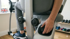 A close-up view of a person's hand turning a black dial on a silver fitness machine to customise the lumbar comfort setting while exercising.