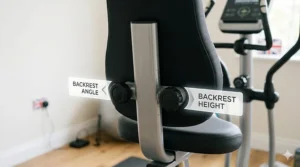 Close-up of a black mesh cross trainer backrest with digital graphic overlays pointing to adjustment knobs for backrest angle and backrest height.