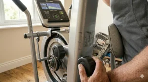 Close-up of a person using a cross trainer, demonstrating how the adjustable grey padded cushion supports the lower lumbar region of the back during a workout.