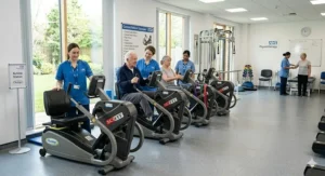 A modern NHS outpatient physiotherapy department featuring a row of seated cross trainers for patient rehabilitation.