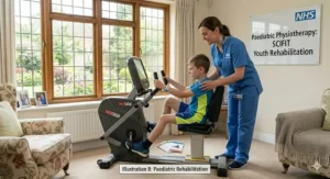 A young patient using an adjustable seated cross trainer during a paediatric rehabilitation session with a supportive therapist.