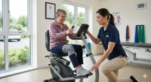 A senior woman using a recumbent elliptical for a mobility recovery programme in a UK physiotherapy clinic setting.