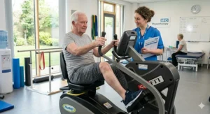 An orthopaedic patient using a seated cross trainer to safely rebuild knee mobility after joint replacement surgery.